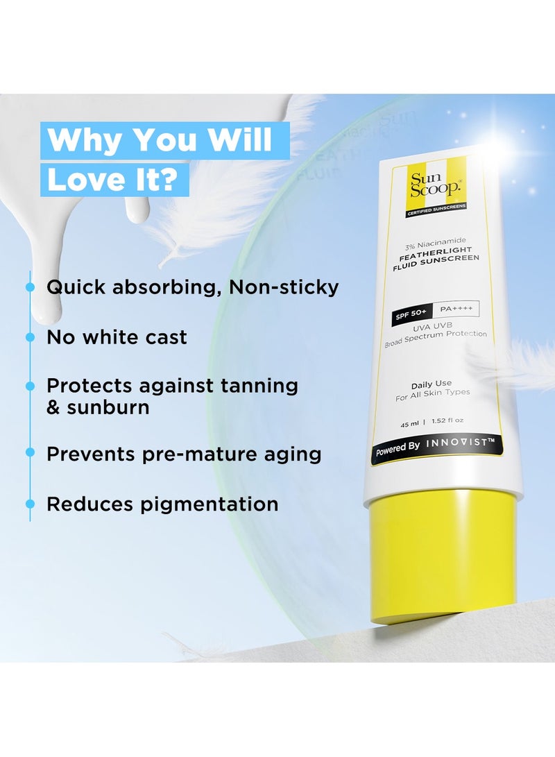 SunScoop 3% Niacinamide Fluid Sunscreen| Spf 50+ Pa++++| Super Light Formula| Prevents Tanning And Sunburn| Reduces Pigmentation| Non-Comedogenic| 45Ml - Image 3